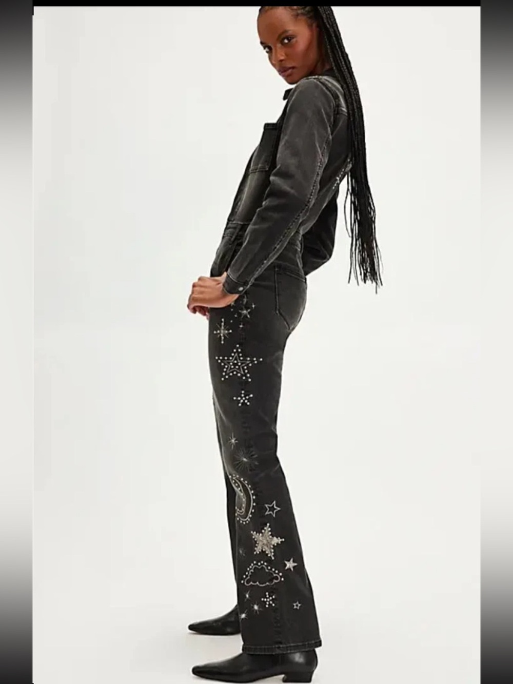 Drfitwood Celestial Jeweled Jumpsuit Womens Small Black Kick Flare Long Sleeve - Picture 3 of 16
